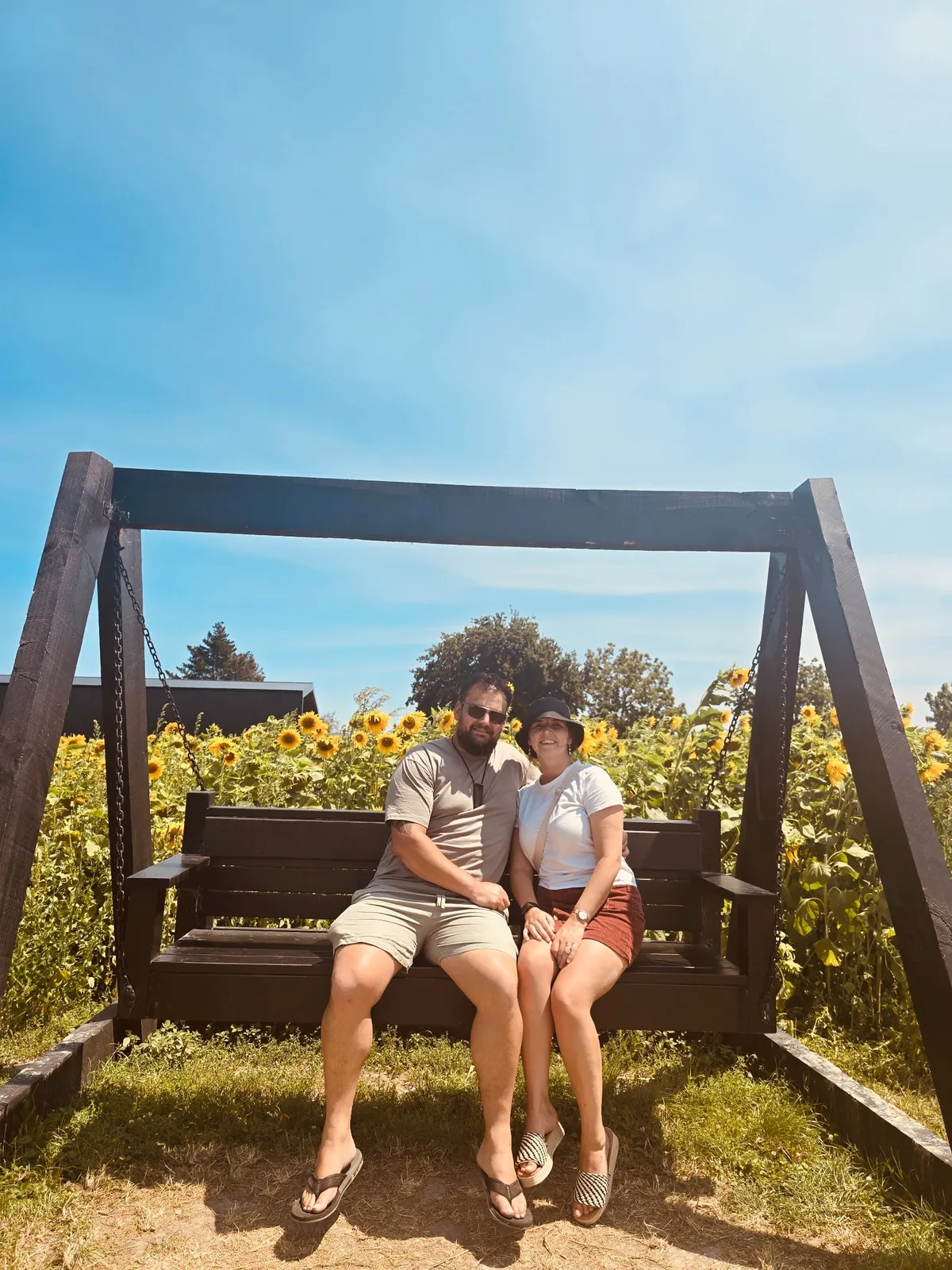 Sitting together by a field of sunflowers