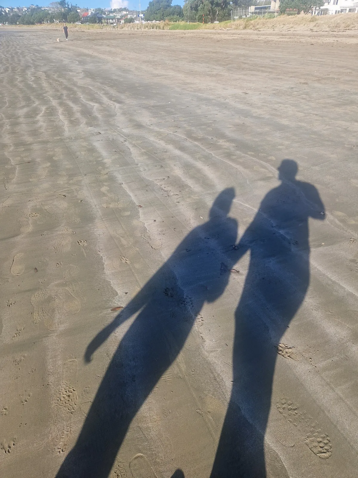 Two shadows holding hands on the beach